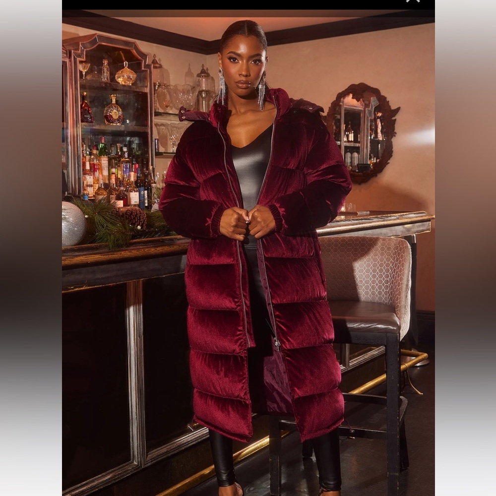 FashionNova velvet puffer coat - burgundy